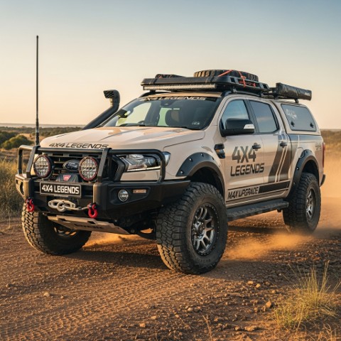 A beige Ford Ranger from 4x4 Legends with off-road accessories kicking up dust in a field.