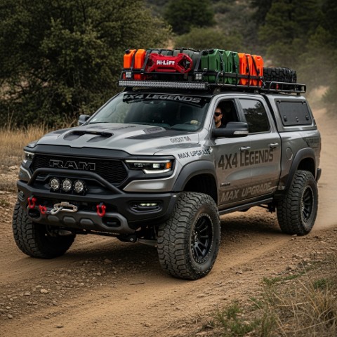 A driver inside a modified grey RAM TRX from 4x4 Legends, equipped for an off-road adventure.