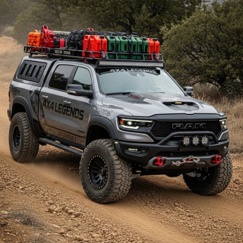 A grey RAM TRX customized by 4x4 Legends with a roof rack and jerry cans navigating a dirt trail.