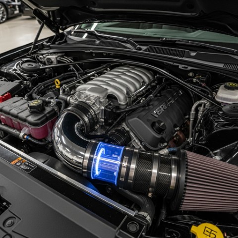 A high-performance Vortex Cold Air Intake with a glowing blue element installed in a powerful V8 engine bay.